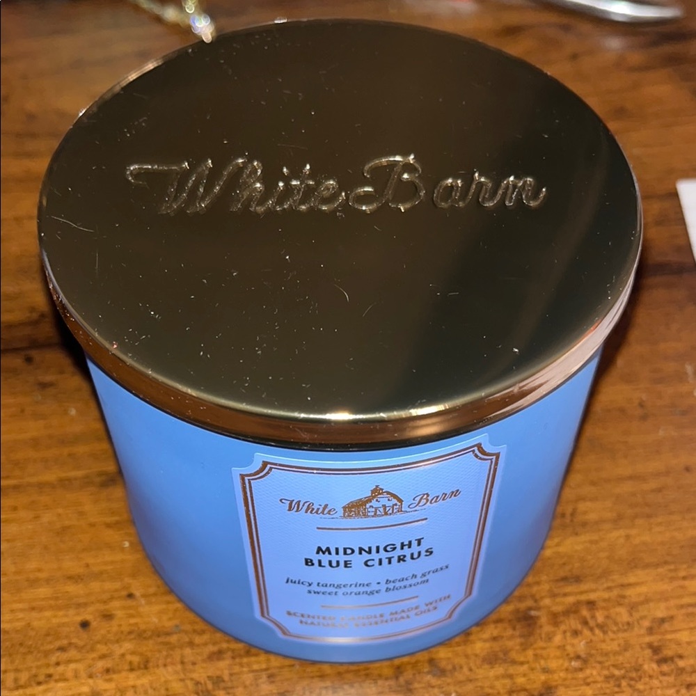White Barn Blue and Gold Candle with Elegant Design